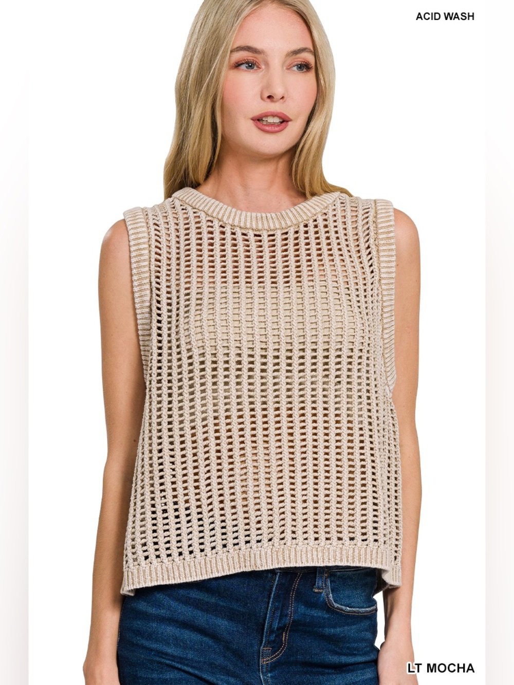 Zenana Lt Mocha Acid Washed Fishnet Sweater Vest